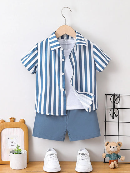 Boys blue and white striped short sleeve shirt set