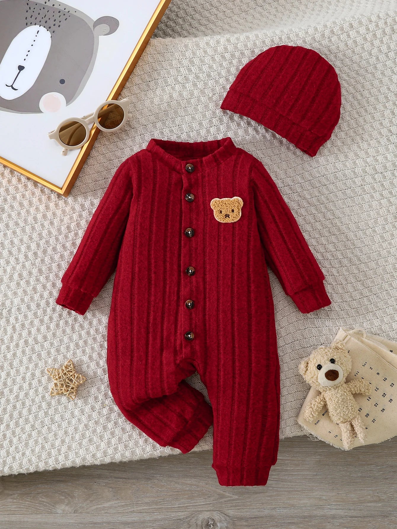 Back view of baby boys red bear badge onesie & hat set