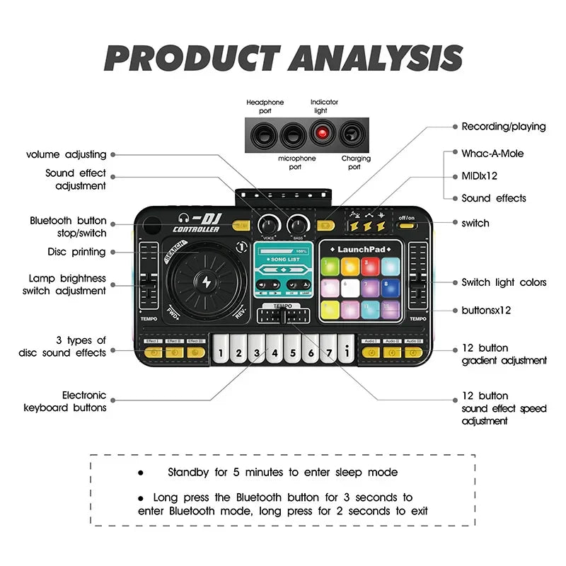 Kids DJ Mixer Toy With Microphone, Multifunctional Electronic Music Controller Educational Birthday Gift Fall 2025
