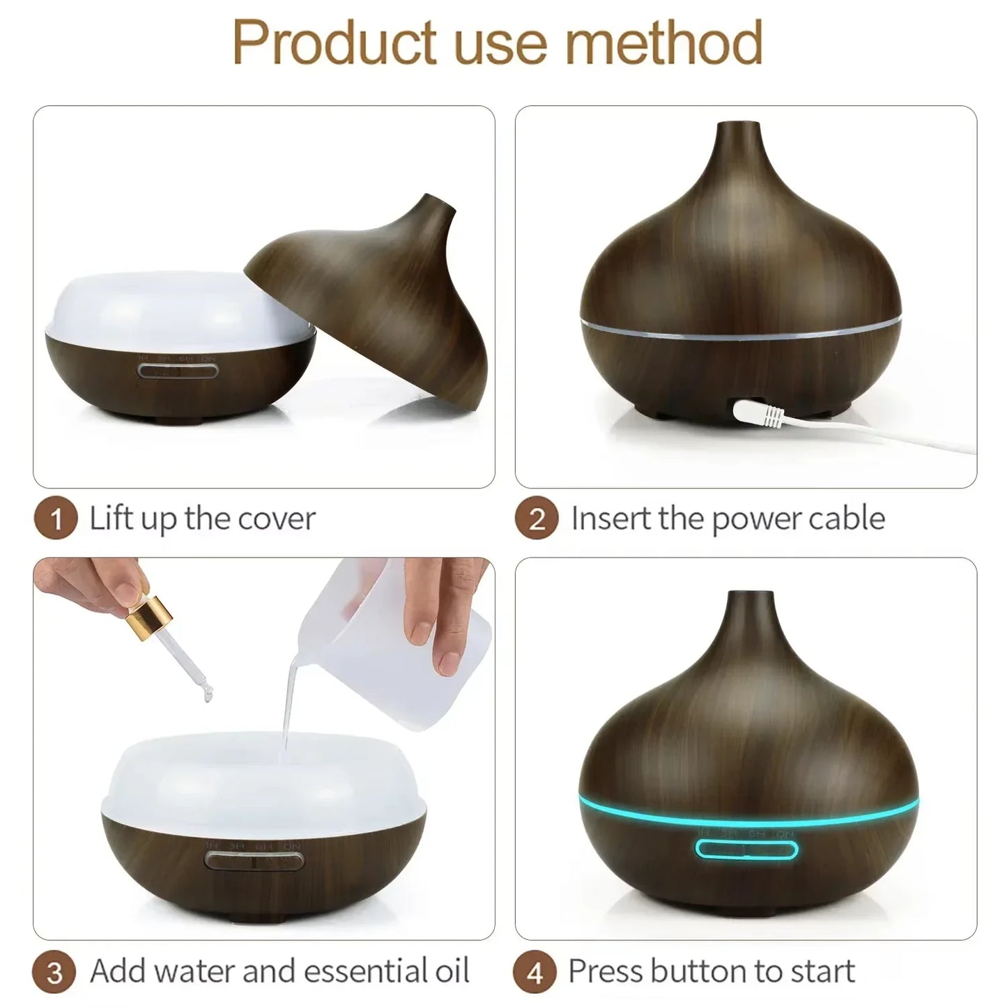 Air Humidifier Aromatherapy Essential Oil Diffuser 500ml Wood Grain Remote Control with 7 Color Lights for Home