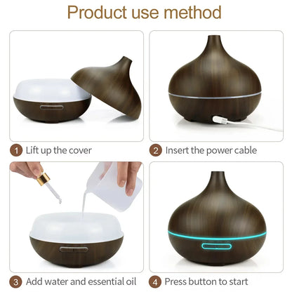 Air Humidifier Aromatherapy Essential Oil Diffuser 500ml Wood Grain Remote Control with 7 Color Lights for Home