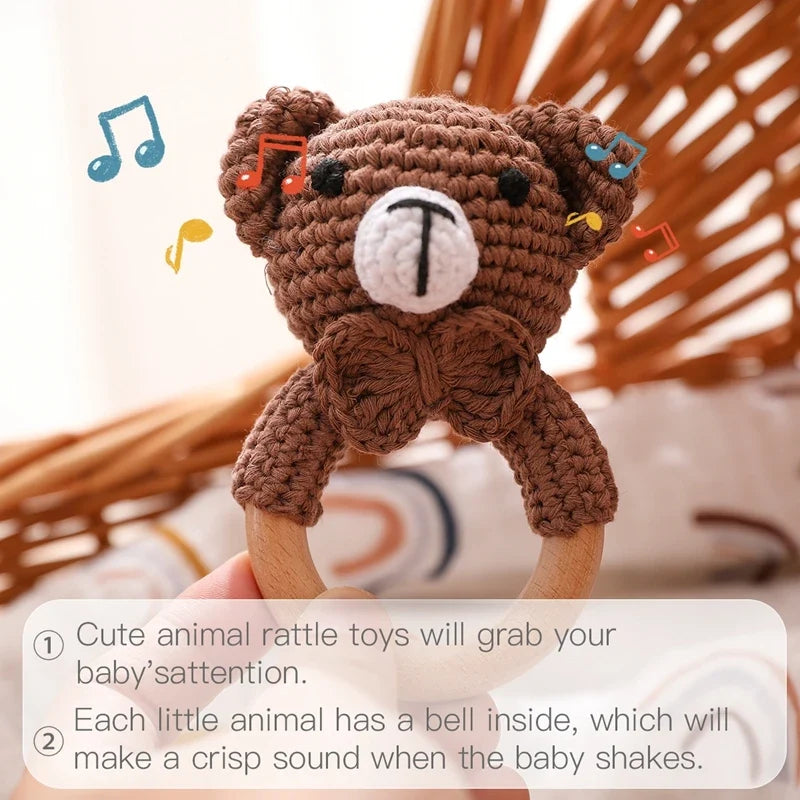 Crochet Bear Teether Rattle Ring Newborn Sensory Toys