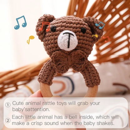 Crochet Bear Teether Rattle Ring Newborn Sensory Toys