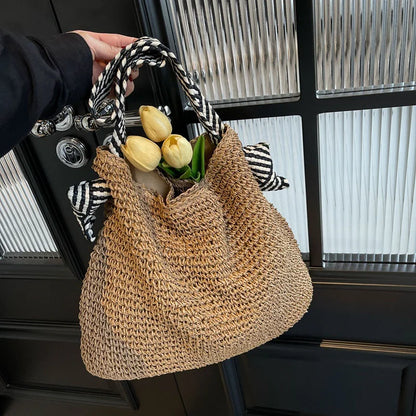 Straw Beach Bag - Large Capacity Woven Tote With Knot Shoulder Straps, Summer 2026