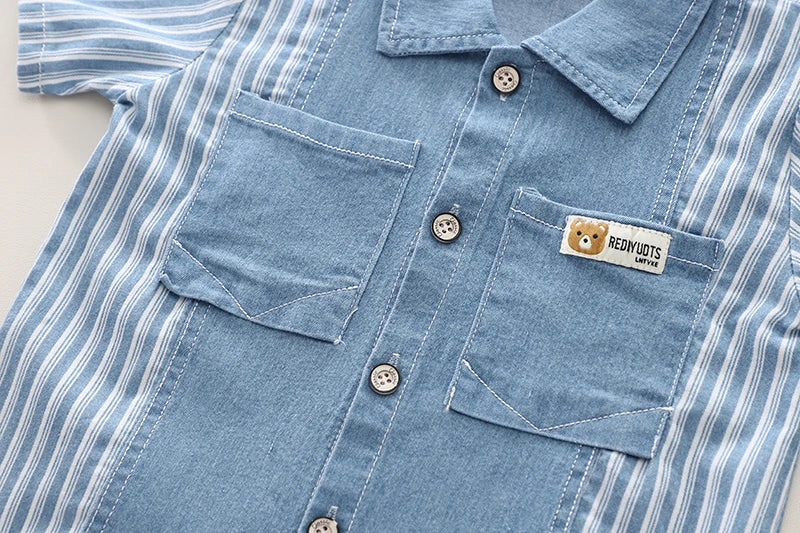 Back view of the boys striped shirt and denim shorts set - view 7