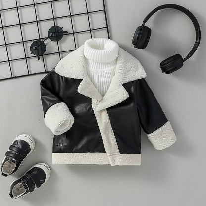 Baby boys black leather-look winter jacket with a turn-down collar
