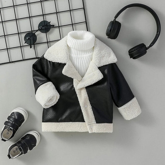 Baby boys black leather-look winter jacket with a turn-down collar