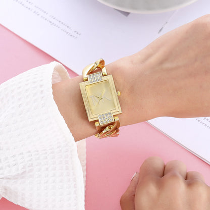 Women's Watch Gold Tone Square Dial, Elegant Alloy Band With Crystal Accents, Summer 2026 Gift