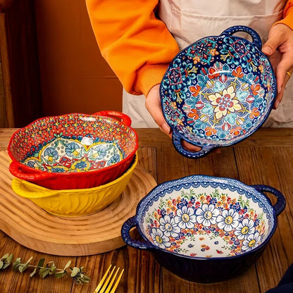 Ceramic Soup Bowl Bohemian Handle Embossed Microwave
