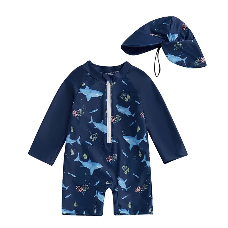 Additional gallery view 12 of boys shark print long sleeve rash guard swimwear set