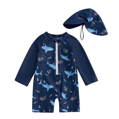 Additional gallery view 12 of boys shark print long sleeve rash guard swimwear set