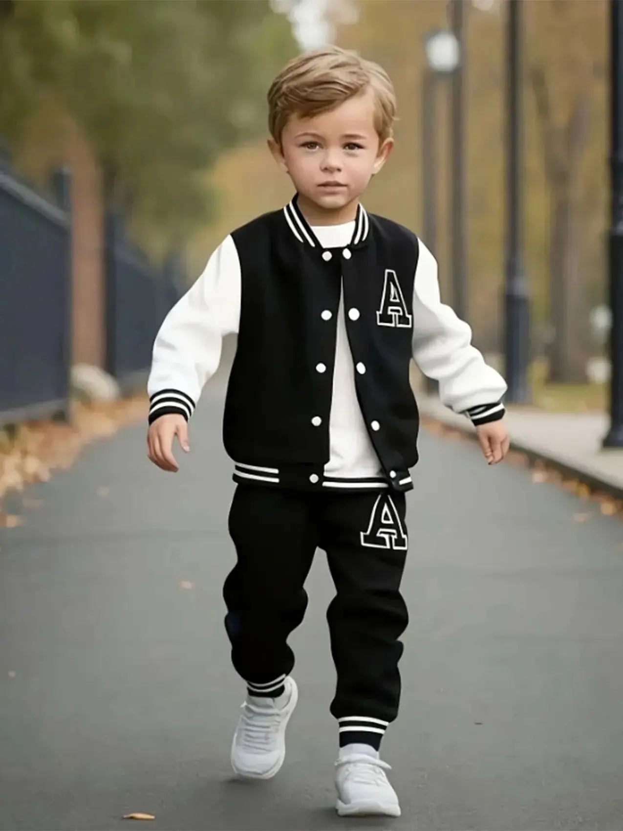 Side view of boys varsity letter jacket & sweatpants set