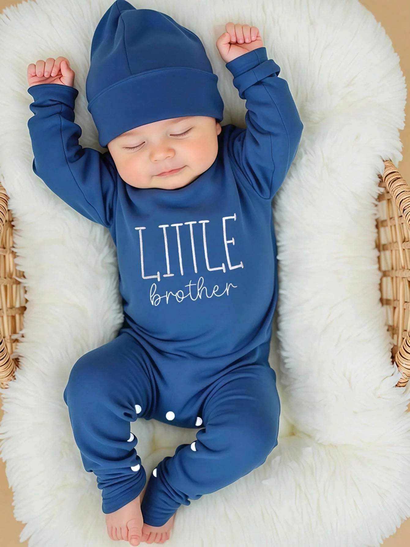 Alternative angle of newborn boys letter print button bodysuit and hat