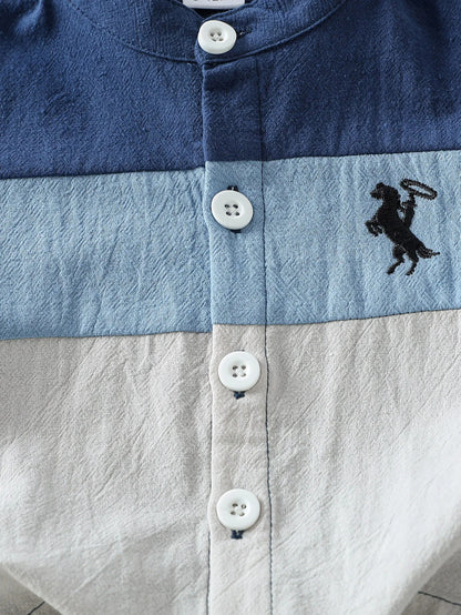 Styling option and alternate perspective of the baby boys patchwork short sleeve shirt and shorts set