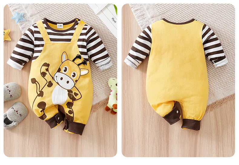 Focus on the neckline and sleeve features of the baby striped elephant and giraffe print romper