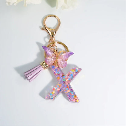 Sequin Letter Keychain With Butterfly Tassel Charm