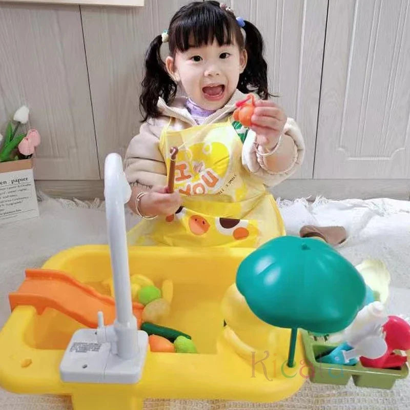 Kids Electric Kitchen Sink Toy with Running Water, Play Utensils, and Food Items for Pretend Cooking Fun
