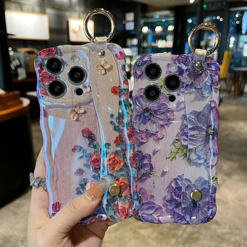 Oil Painting Flower Phone Case for iPhone 15 14 13 12 11 Pro Max with Wrist Band and Kickstand