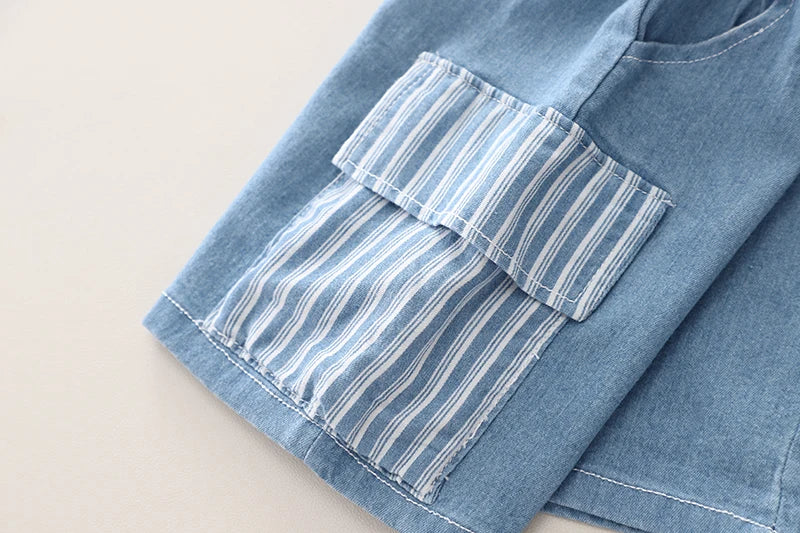 Full outfit view of the boys striped shirt and denim shorts set - view 15