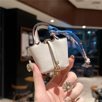 Birkin Inspired Mini Hand Bag - Leather Basket Bag Charm Keychain & Earphone Case