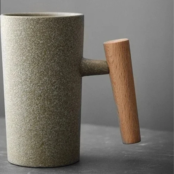 Japanese Style Stoneware Coffee Cup - Handmade Mug with Wooden Handle for Couples