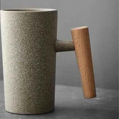 Japanese Style Stoneware Coffee Cup - Handmade Mug with Wooden Handle for Couples