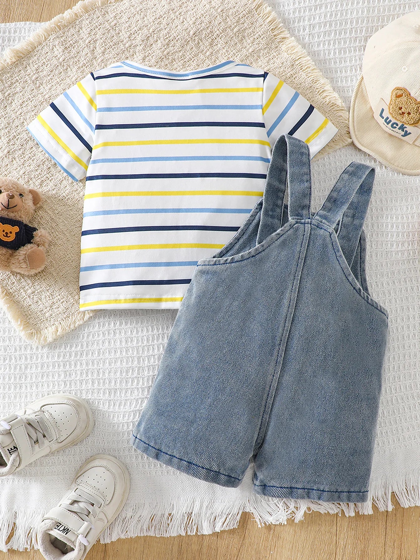 Bear design detail on boys denim overall shorts