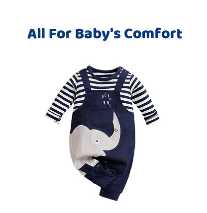 Focus on the neckline and sleeve features of the baby long sleeve striped elephant romper