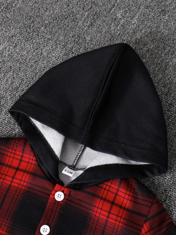 Back view of baby boys plaid fleece lined hooded outfit