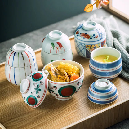 Hand Painted Japanese Ceramic Lidded Dessert Bowls Set