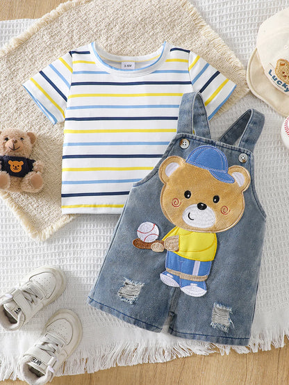 Baby boys two-piece outfit with striped T-shirt and bear denim overall shorts