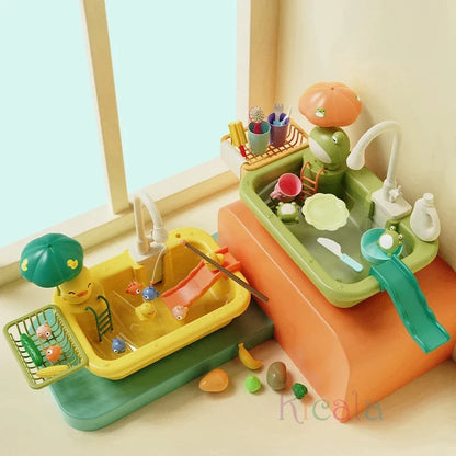 Kids Electric Kitchen Sink Toy with Running Water, Play Utensils, and Food Items for Pretend Cooking Fun