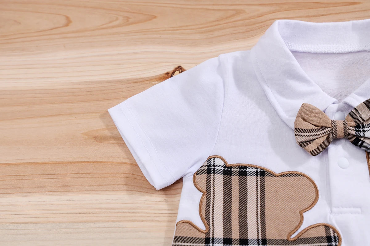 Back view of baby boys plaid bear bodysuit & trousers set