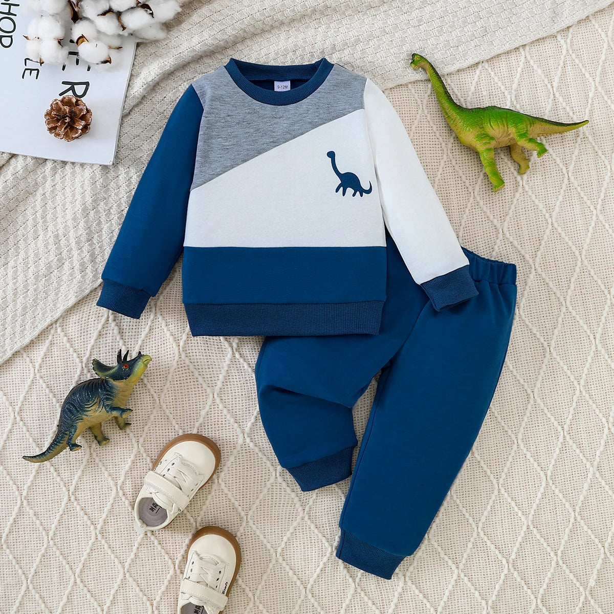 Boys two-piece set featuring a colour-blocked dinosaur sweatshirt and navy track pants
