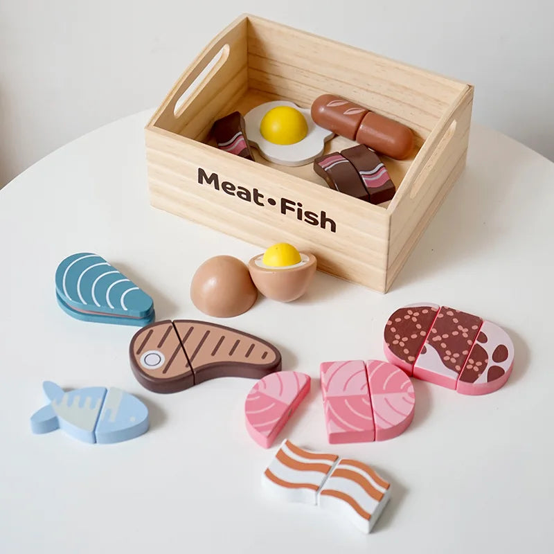 Wooden Kids Kitchen Playset with Cutting Food Accessories - Fruits, Vegetables & Bakery Toys