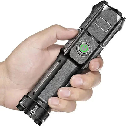 Telescopic Zoom Tactical Flashlight - Rechargeable LED Torch, 4 Lighting Modes, Waterproof for Camping and Fishing