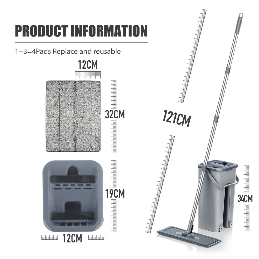 Household Cleaning Hand-Free Flat Floor Mop & Bucket Set with Washable Microfiber 4x Pads