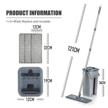 Household Cleaning Hand-Free Flat Floor Mop & Bucket Set with Washable Microfiber 4x Pads