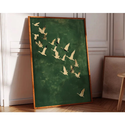 Cranes Wall Art Emerald Green Canvas With Gold Accents