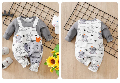 Baby boy wearing a long-sleeve romper with an elephant print and faux braces