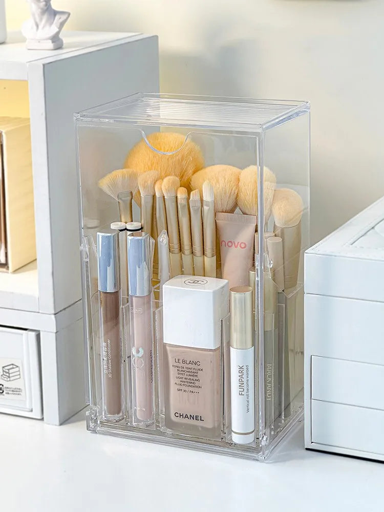 Makeup Brush Holder With Lid Acrylic Organizer Box Large Capacity Divider Storage Dust Free Fall 2025 Gift