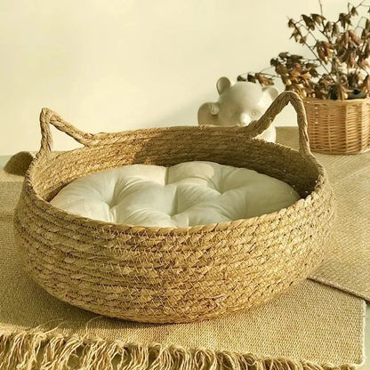 Cat Bed Natural Woven Nest With Seasonal Heating Pad And Washable Insert, Fall 2025 Cozy All Season Retreat