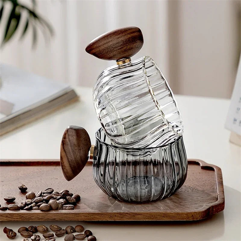 Stripe Heat-resistant Glass Coffee Mug 200ml with Wooden Handle for Latte, Milk, Tea