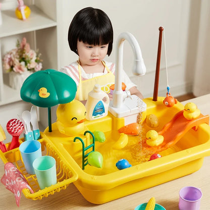 Kids Electric Kitchen Sink Toy with Running Water, Play Utensils, and Food Items for Pretend Cooking Fun