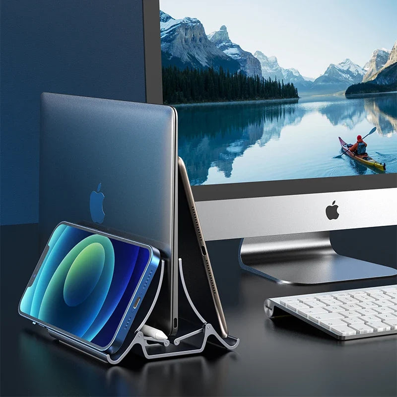 Vertical Laptop Stand with Silicone Grip - Dual Device Holder for MacBook & Tablet, Heat Dissipation,