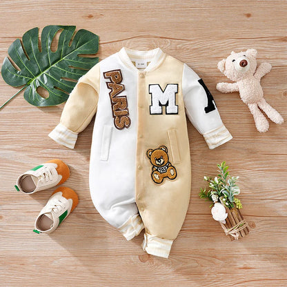 Long sleeve cartoon baseball style jumpsuit for baby boys