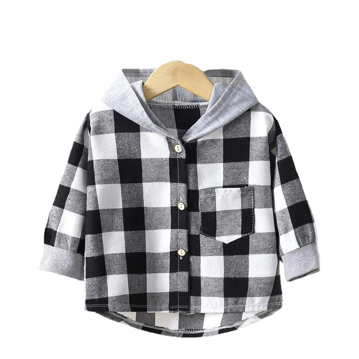 Side view of boys plaid long sleeve hooded jacket