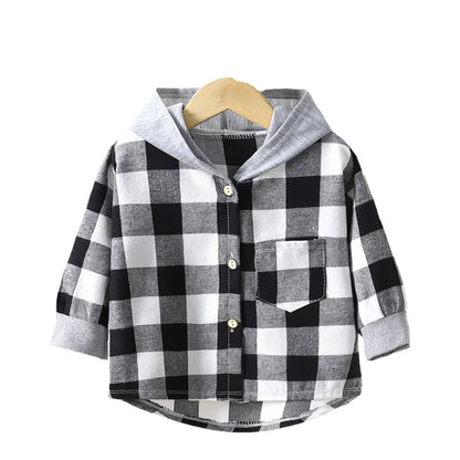 Side view of boys plaid long sleeve hooded jacket