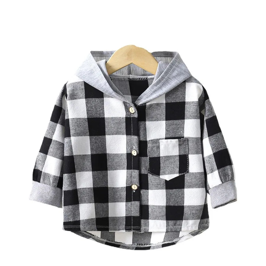 Back view of boys plaid long sleeve hooded jacket