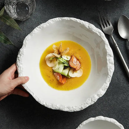 White Porcelain Rock Edge Soup Bowl Modern Tableware